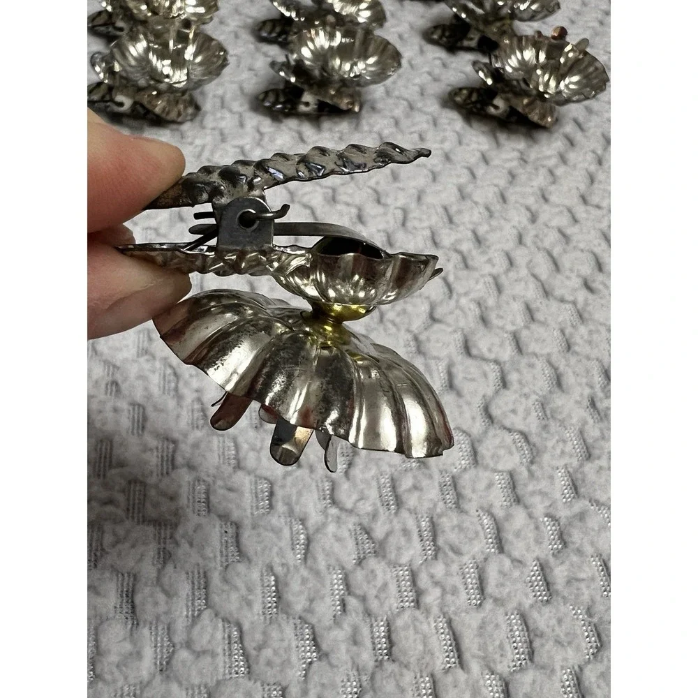 Vtg Silver Tin Christmas Tree Candle Clips Holder‎ Granny MCM Holiday Ornament